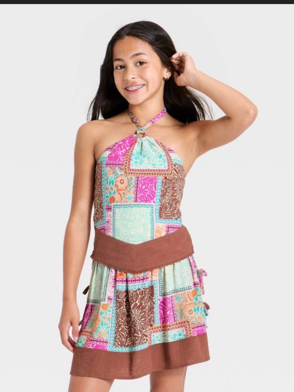 Patchwork Halter Summer Dress in Aqua, Pink & Brown